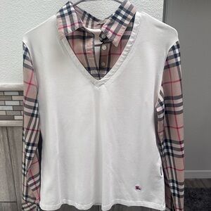 Burberry White and Plaid Button Down Shirt